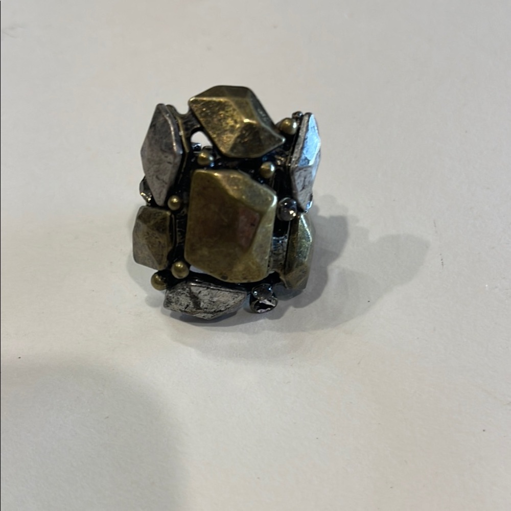 Gold Silver Geometric Statement Stretch Ring Vint… - image 1